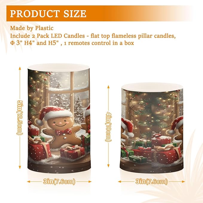 ALAZA Cute Christmas Gingerbread Santa Hat Snow Flickering Flameless Candles Battery Operated with Remote Timer,Tea Light Candles LED Pillar Votive Candles Set of 2 for Outdoor Indoor Decorations