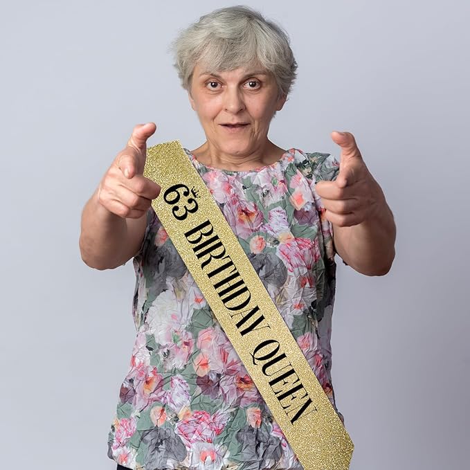 63 Birthday Queen 63rd Birthday Sash for Women, Gold Glitter Sash with Black Foil