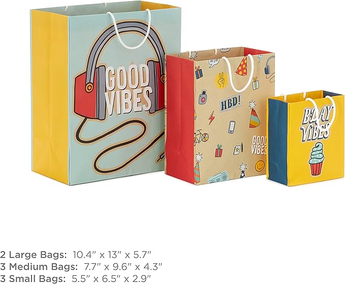 Hallmark Gift Bag Assortment (8 Bags: 3 Small 6", 3 Medium 9", 2 Large 13") Kids Birthday, Good Vibes, Retro Icons
