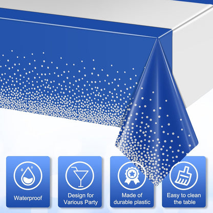 6Pcs Blue and Silver Tablecloth Party Decorations,Plastic Royal Blue Table Cloth Printed Silver Table Runner Disposable Rectangle Cover for Anniversary Wedding Graduation 2025 Party,54 x108 Inch