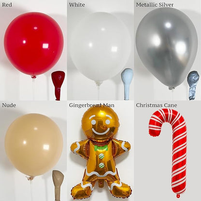 140PCS Christmas Balloon Arch Garland Kit with Red Nude White Silver Cane Gingerbread Man Balloons for Xmas Party Backdrop, Holiday Birthday Decorations, Winter or Snow Theme Baby Shower