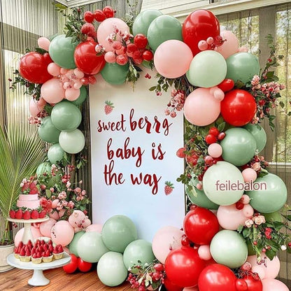 Red Pink Green Balloon Arch Double Stuffed Dusty Green, Ruby Red, Pastel Pink Balloon Garland Kit for Cherry on Top Birthday Mothers Day Baby Shower Wedding Summer Party Decoration