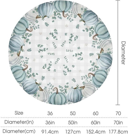YCness Thanksgiving Pumpkin Tablecloth, Watercolor Eucalyptus Leaves Autumn Harvest Fall Watercolor Blue Gray Grid Table Cover for Party Picnic Dinner Kitchen 70x70 Inch Round