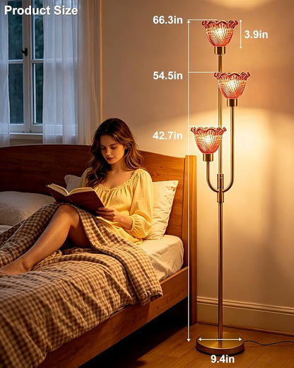 Lightdot 3-Lights Glass Floor Lamp 66IN Modern Gold Dimmable Floor Lamps with 3000K Warm White Bulbs for Wedding Party Tall Standing Lamp with Deep Red Glass Shade for Living Room/Bedroom/Home Decor