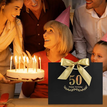JMANNI Black Gold 50th Birthday Gift Bag with Card and Tissue Paper, 12.6"×9.84"×3.9" Elegant Present Bag for Men Women, 50 Year Old Birthday Keepsake Party Supplies