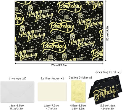Happy Birthday Wrapping Paper for Man Women,6 Sheets Black Gold Birthday Love Heart Gift Wrapping Paper with 2 Greeting Cards for Girl Boy Wedding Graduation Christmas Gift Wrap Paper,28*20 Inch