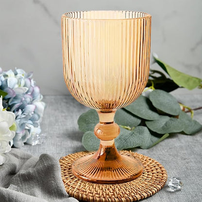 Vintage Wine Glasses Set of 6, 11 Ounces Colored Glass Water Goblets, Colorful Unique Embossed Pattern High Clear Stemmed Glassware Wedding Party Bar Glass Drinking Cups Vertical Line Gold Amber