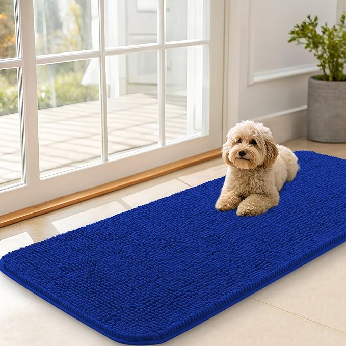 OLANLY Dog Door Mat for Muddy Paws 47x20, Absorbs Moisture and Dirt, Absorbent Non-Slip Washable Doormat, Quick Dry Chenille Mud Mat for Dogs, Entry Indoor Entryway Carpet for Inside Floor, Royal Blue