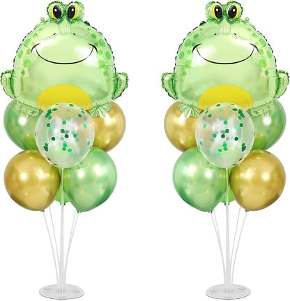 Frog Balloons Centerpieces for Tables 2 Sets, Green Frog Balloons Stands for Table, Frog Birthday Party Decorations with Frog Head Aluminum Foil Balloons for Frog Birthday Decorations