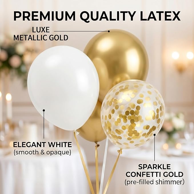 60pcs White and Metallic Gold Balloons, 12 Inch Chrome Gold, White & Gold Confetti Latex Balloon Kit for Graduation 2026, Wedding & Birthday Party Decorations (with Ribbons & Glues)