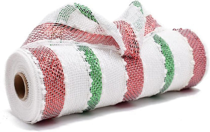 3 Rolls Snowball Red White Green Stripe Deco Mesh Ribbon for Wreath Making Supplies, 10 Inch x 30FT Metallic Foil Burlap Deco Mesh Fabric for DIY Crafts Christmas Tree Wreath Swags