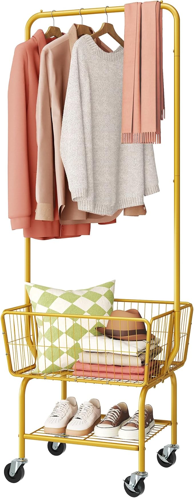 Tajsoon Laundry Cart with Wheels, Metal Rolling Laundry Hamper with Hanging Rack, Storage Basket and Shelf, Gold