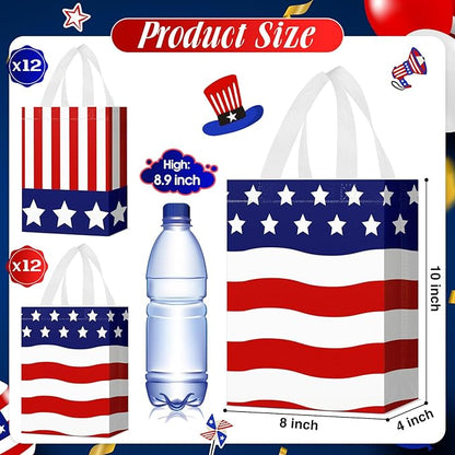 Locmeo 24 Pcs 4th of July Patriotic Party Favor Bags with Handles Reusable Non Woven American Flag Goodie Bags Independence Day Gift Bag for Girl Boy Birthday Memorial Party Supplies, 8 x 4 x 10 Inch