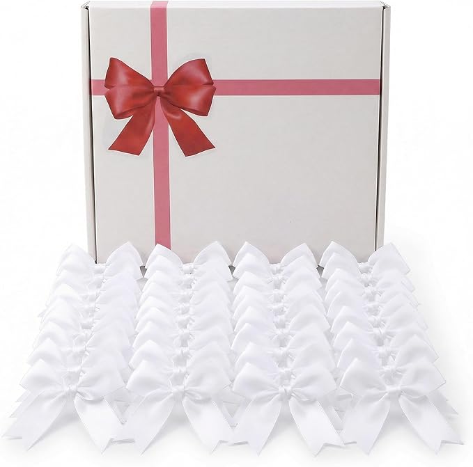 White Gift Wrap Bows – 100 Pcs 3.3 Inch Elegant Satin Bows for Wedding Decor, Graduation & Christening – DIY Crafts, Baby Shower, Christmas, Birthday, Party Decorations