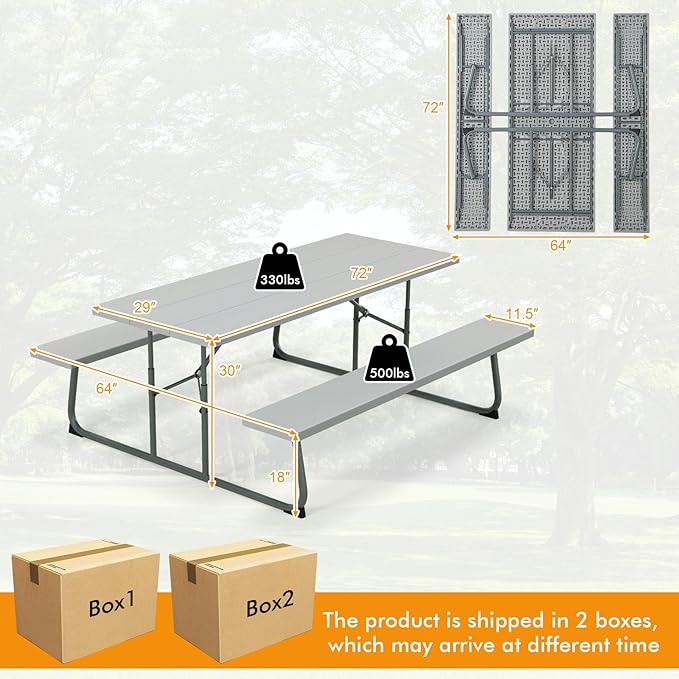 Tangkula 6 Ft Folding Picnic Table, Outdoor 8 Person Large Picnic Table Set with 2 Built-in Benches, Umbrella Hole, Metal Frame & HDPE Tabletop for Garden, Backyard (Grey)