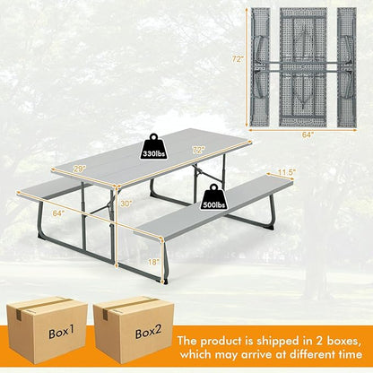 Tangkula 6 Ft Folding Picnic Table, Outdoor 8 Person Large Picnic Table Set with 2 Built-in Benches, Umbrella Hole, Metal Frame & HDPE Tabletop for Garden, Backyard (Grey)