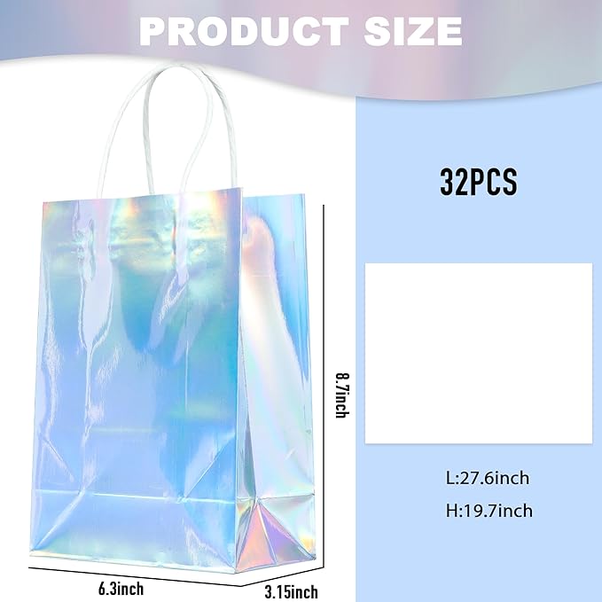 BLEWINDZ 32Pcs Small Paper Gift Bags with Tissues, Iridescent Party Favor Bags with Handles, Holographic Silver Gift Bag for Wedding Baby Shower Birthday Party Supplies