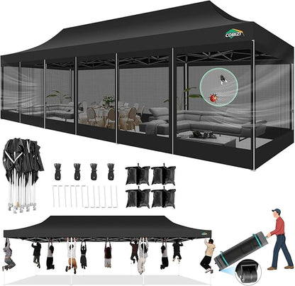 COBIZI 10x30 Pop Up Canopy with Sidewalls, Heavy Duty Canopy with Mosquito Netting, Easy up Screen Party Tents for Parties Backyard Outdoor Commercial Event Gazebo with Roller Bag, Sandbags, Black