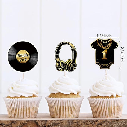 Notorious One 48 Pcs Gold Cake Toppers, Hip Hop Party Decorations for 1st Birthday Party, Premium Quality Reusable Paper Cupcake Toppers