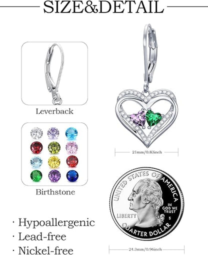 Valentines Day Gifts for Women, Heart Leverback Earrings Double Birthstone Dangle Earrings for Women, Love Jewelry for Her, Anniversary Birthday Gift for Mom Wife Girlfriend