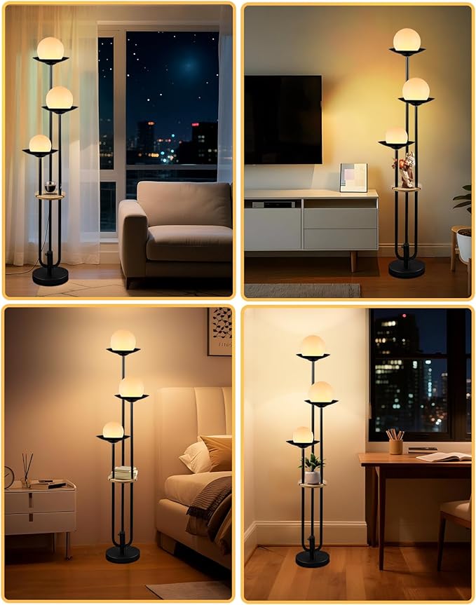 63IN Globe Floor Lamp with Table, 3-Lights Modern Dimmable Floor Lamps with 3000K Warm White Bulbs for Wedding/Party, Black Tall Standing Lamp with 5Lbs Heavy Base for Living Room/Bedroom