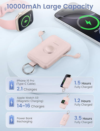 RORRY Portable Charger, 10000mAh PD 20W Fast Charging Portable Charger Power Bank with Built in Cables, Travel Battery Pack for iPhone and Apple Watch Ultra/11/10/9/8/7/6/5, Pink