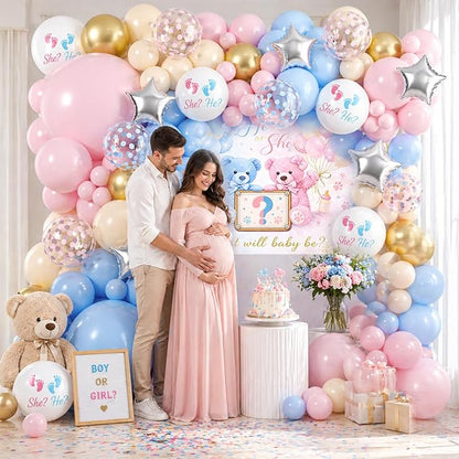 Boy or Girl Gender Reveal Decorations Kit, Bear Theme Balloon Garland with Backdrop, 125 PCS He or She Gender Reveal Party Supplies for Soft Pastels Pink and Blue Revelacion De Sexo De Bebe