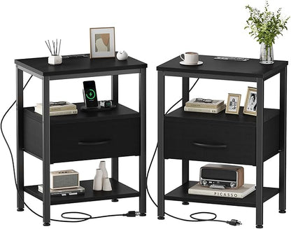 DUMOS Nightstand Set of 2 with Wireless Charging Station Bed Side Tables with Adjustable Fabric Drawers and 3 - Tier Storage End Tables Modern Design, Black