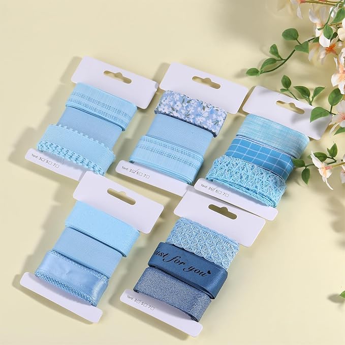 BEEFLYING 3 Styles Light Blue Wire Edged Ribbons for Gift Wrapping Decoration 25~28mm×2.7m Satin Ribbons Fabric Ribbons for Wedding Party Decoration Hair Bows Flower Designs Sewing and Craft, 9 Yards