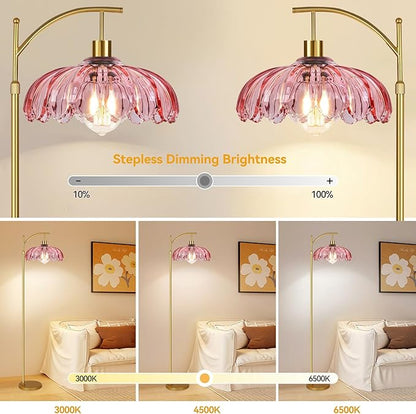 QIYIZM Pink Floor Lamp for Living Room,Bedroom,Gold Dimmable Standing Lamp with Remote,Mid Century Modern Brass Tall Lamp Boho Floor Lamps Arc Stained Glass Flower Floor Light Lamp Girls kids Bohemian