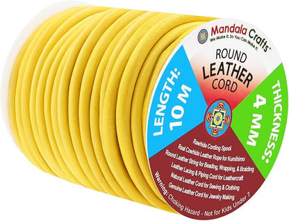 Mandala Crafts Round Genuine Yellow Leather Cord for Jewelry Making – 4mm Cowhide Leather Rope String Lace for Kumihimo – 11 Yards Cowhide Craft Cording Spool