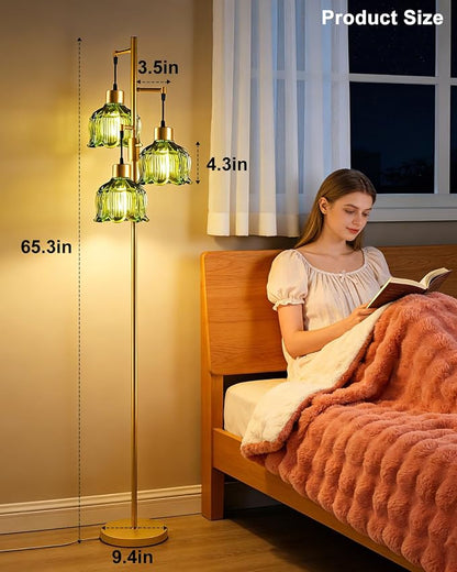 Lightdot 3-Light Floral Floor Lamp 65'' Dimmable Floor Flower Lamp with Green Glass Shade& Bulbs Included, Mid Century Standing Tall Lamp with 5Lbs Heavy Base for Living Room/Bedroom/Sofa Beside-Gold