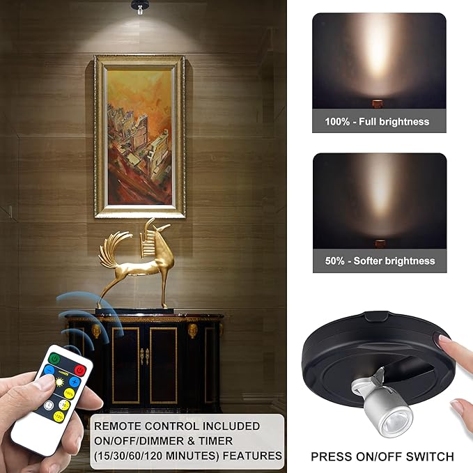 HAMVIDNE LED Spotlight, Battery Powered Picture Lights, Uplighting Indoor, Puck Lights with Remote, Stick Spot Light for Wall Display Dartboard Painting Artwork Accent-Silver（4Pack）
