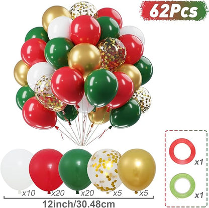 Christmas Red Green Gold Balloons Set, 60Pcs 12 Inch Red Green White Metallic Gold Confetti Latex Balloon Kit for Christmas Grinch Birthday Party Decorations