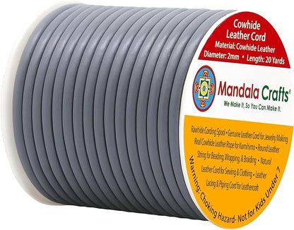 Mandala Crafts Round Genuine Gray Leather Cord for Jewelry Making – 2mm Cowhide Leather Rope String Lace for Kumihimo – 20 Yards Cowhide Craft Cording Spool