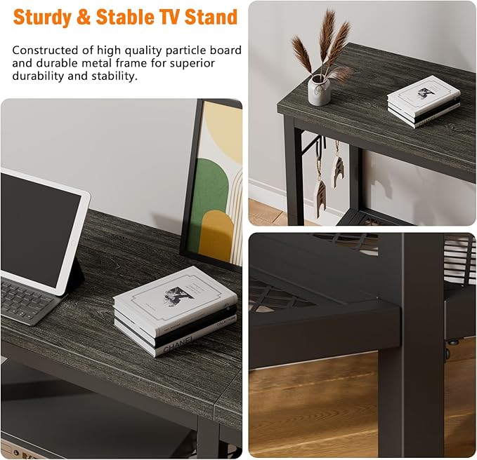Furologee TV Stand for TVs up to 55 Inch, Entertainment Center with Open Storage Shelves, Media Console Table with Soundbar Shelf for Living Room, Bedroom, Black Oak