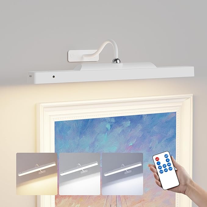 Rechargeable Picture Light for Wall Art White - 3 Color Temperatures,Remote Control & Adjustable Angle Wall Mount Battery Operated Wall Light for Paintings,Gallery,Frames,Photos (13H Runtime, 350LM)
