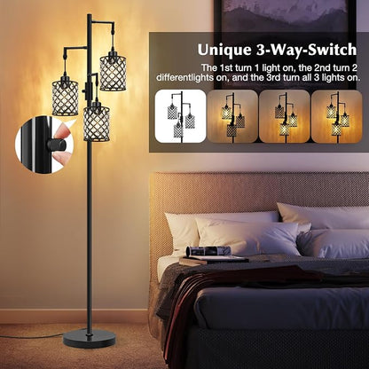 GyroVu Crystal Floor Lamps for Living Room, 3-Light Black Floor Lamp, Standing Tall Lamp with Elegant K9 Crystal Shade & Rotary Switch, Modern Corner Floor Lamp for Bedroom, Home Office, Reading