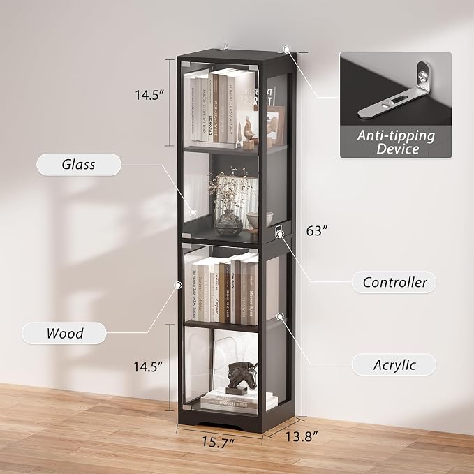 Display Cabinet with Glass Doors, Display Case with Lights and Human Body Sensor