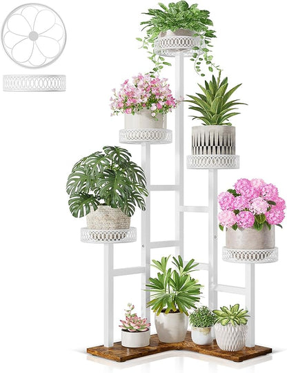 Plant Stand Indoor Outdoor, 6 Tier Tall Metal Wood Shelf Holder Display Rack Flower Pot Stand for Patio Garden Balcony Living Room Bedroom
