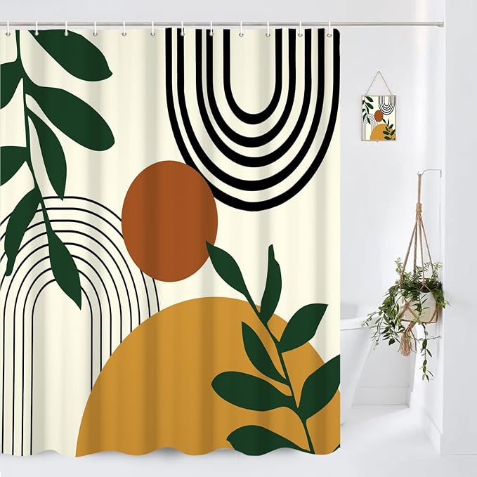 Boho Geometric Shower Curtain Beige Mid Century Abstract Arch Curve Bathroom Curtain Minimalistic Sun Shower Curtain Sets Bathroom Extra Long 72x108 in with 12 Hooks