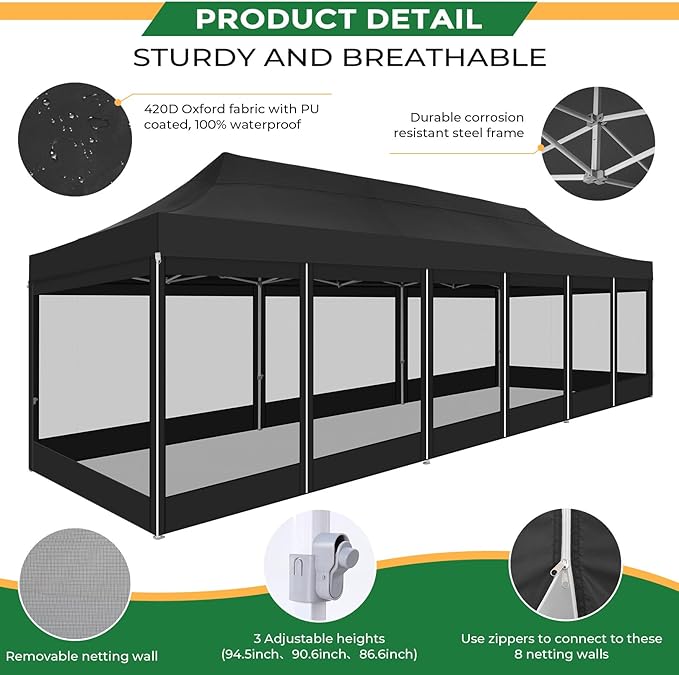 COBIZI 10x30 Heavy Duty Pop Up Canopy Tent with 8 Sidewalls, Easy Set Up Outdoor Waterproof Screen Commercial Party Tent with Mosquito Netting for Parties Backyard Patio, Roller Bag, Black