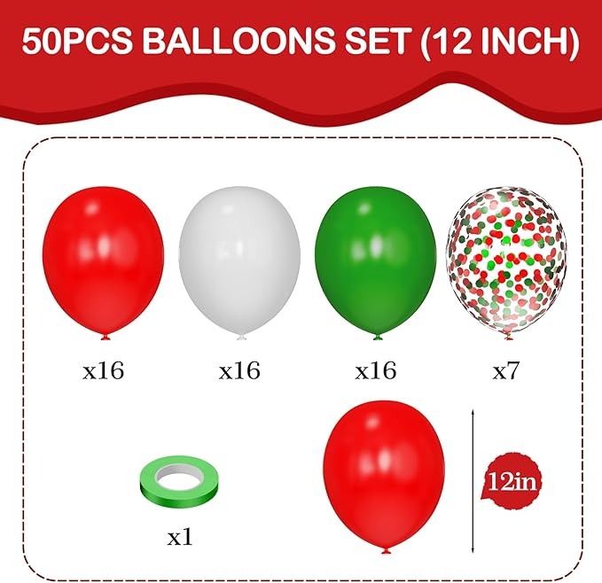 Red Green and White Balloons 55 Pcs Christmas Balloons with Confetti Balloons for CHristmas Birthday Party Wedding,Baby Shower,Graduation