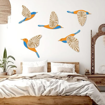 KOYILTD 5 Piece Bird Wood Wall Sculptures Wooden Wall Art Decor Scandinavian Home Decorations Flying Bird Wall Decor Farmhouse Wall Art for Home Living Room Bathroom Dining Room (Blue orange)