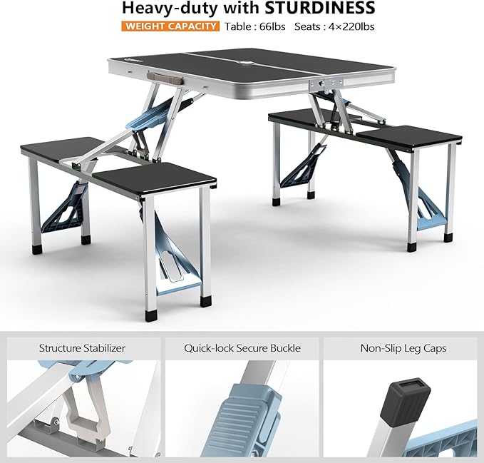VINGLI 4Ft Portable Folding Picnic Table Camping Table Foldable Set with 4 Seats with Umbrella Hole Suitcase Card Table-220 Lbs Support Aluminum Frame, Plastic RV Tabletop for Yard, Travel-Blue