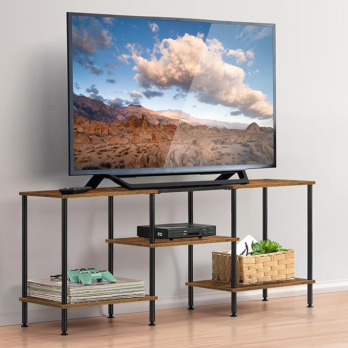 Industrial TV Stand with Storage for 50 inch TV Rustic TV Cabinet with Open Storage Shelf Small Entertainment Center Wood Console Table with Metal Round Tubes for Living Room Bedroom, Brown, 45 Inches