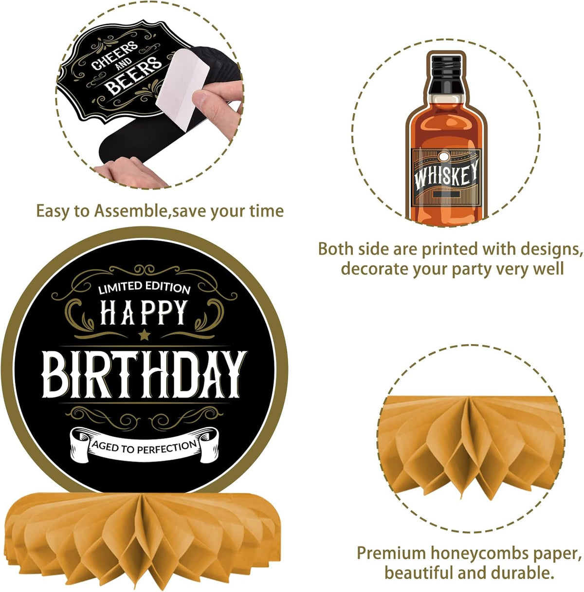Whiskey pattern Birthday Party Decorations for MenTable Centerpiece Whiskey Honeycomb Table Toppers for 30th 40th 50th 60th 70th 80th Birthday decorations