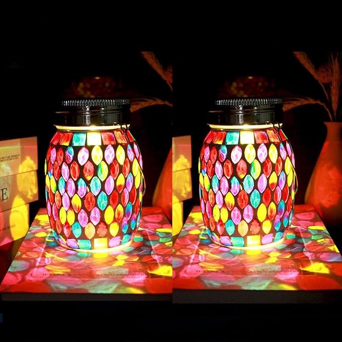 2pack Solar Mosaic Outdoor Waterproof Cool Blue Mosaic jar Decor Christmas Gifts for Women Mom Grandma Halloween Hanging Solar Lights Decoration Outside for Yard, Patio,Backyard,Porch (Modern)
