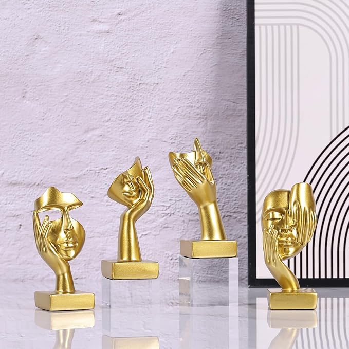 Gold Abstract Thinker Figurine Set of 4, Home Art Face Small Statue for Accents Decor Women Bedroom Shelf Bookcase Room Desk, TV Stand, Coffee Table Decor, Art Sculpture Gifts for Women (Gold)