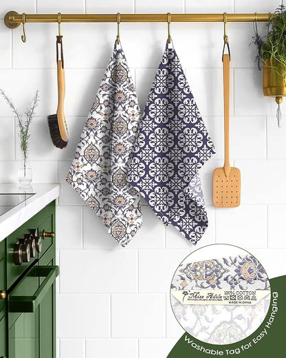 Miss Adola 2 Pack Flour Sack Kitchen Towels - 16x26 Inch Cotton Dish Towels with Hanging Loop Reusable Geometric Boho Modern Retro Tea Towel Absorbent Dishcloths Home Decor, Blue Boho Style
